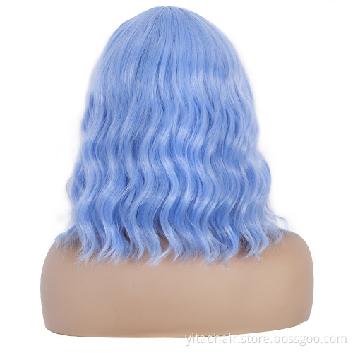 Short Natural Wave Light Blue  Water Wave Synthetic Wig For Women With Flat Bangs with factory price fiber wig synthetic hair